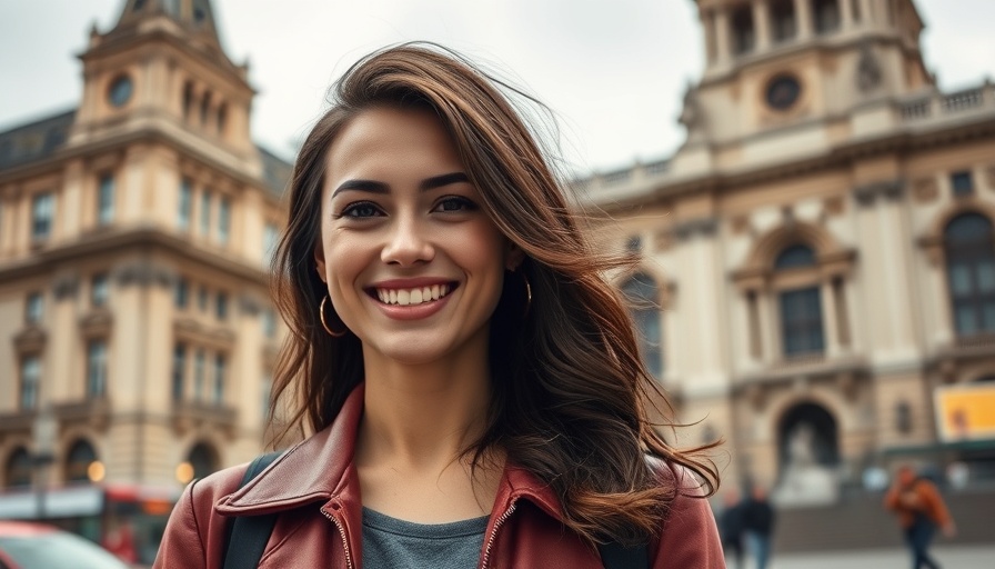 Emotional Branding during Recession: Smiling woman standing in front of iconic architecture.
