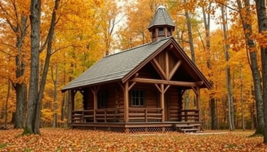 Rustic cabin in autumn forest showcasing living off the grid.