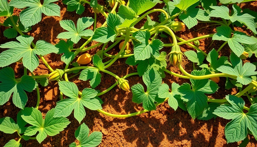Healthy pumpkin vines with green leaves and a flower in a sunlit garden bed.