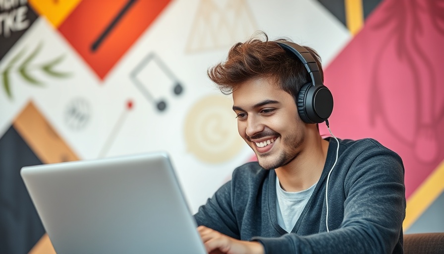 Smiling young man using a laptop with graphic background, AI agents for marketing.
