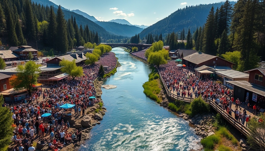 Aerial view of an outdoor concert by the river in Bend, Oregon.