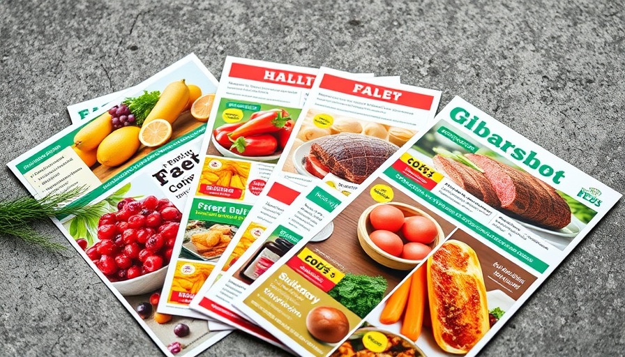 Grocery store flyers displaying produce deals for pantry stocking under $100.