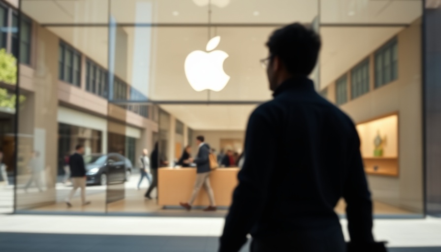 Person walking past Apple store logo reflecting urban architecture.