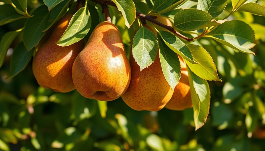 Ripe pears in tree, vibrant cold-hardy pear varieties with green leaves.