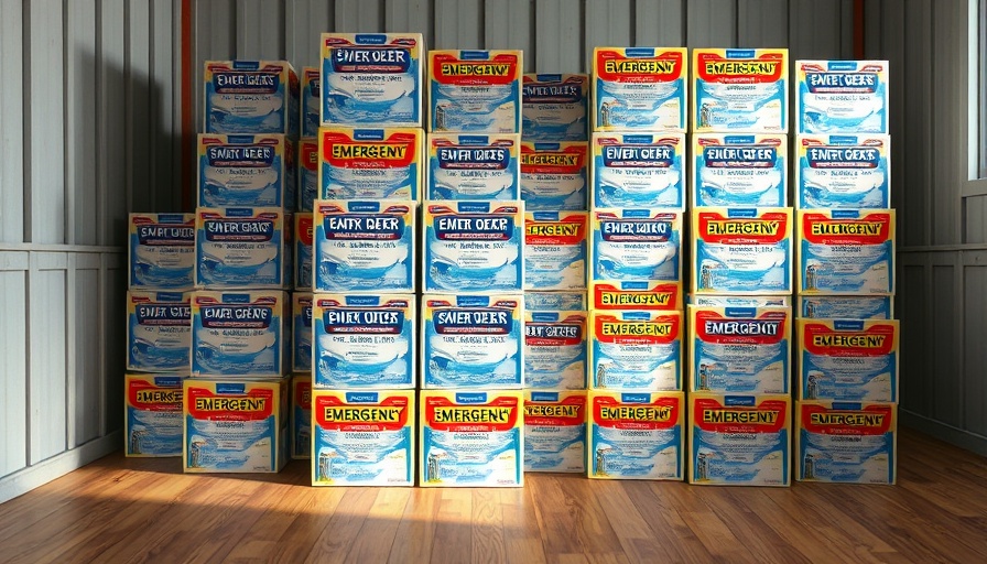 Emergency water supply with 50-year shelf life as essential survival items.