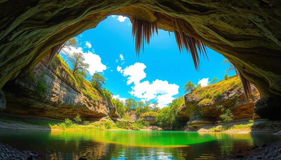 Beautiful natural swimming hole surrounded by lush trees under a cave in America.