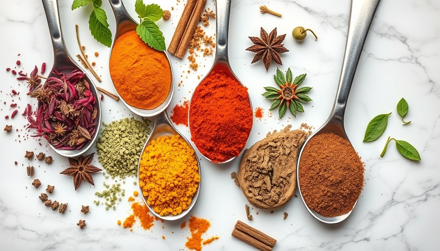 Vibrant herbs and spices on silver spoons for brain health.
