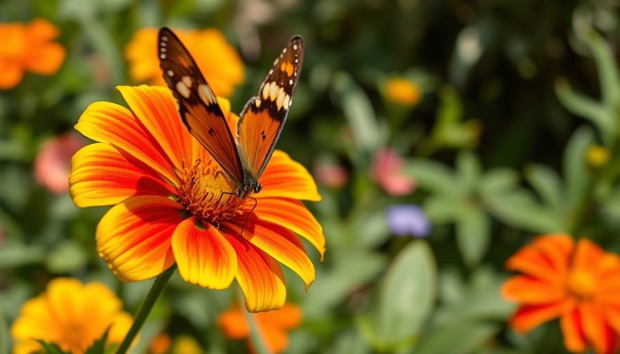Vibrant French marigold with butterfly in bright garden.