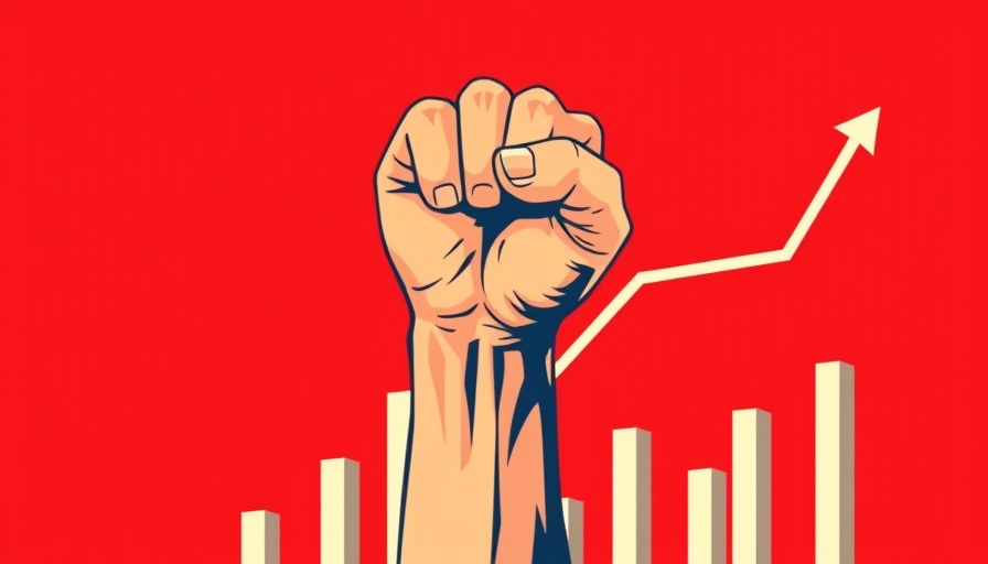 Powerful fist gripping upward lines against red background, symbolizing strong economy