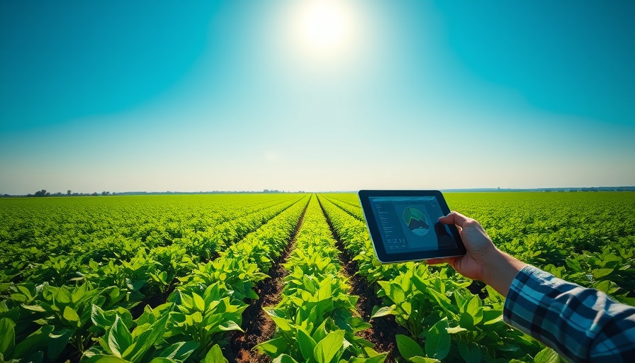 Data-driven urban farming with tablet monitoring in a sunny field.
