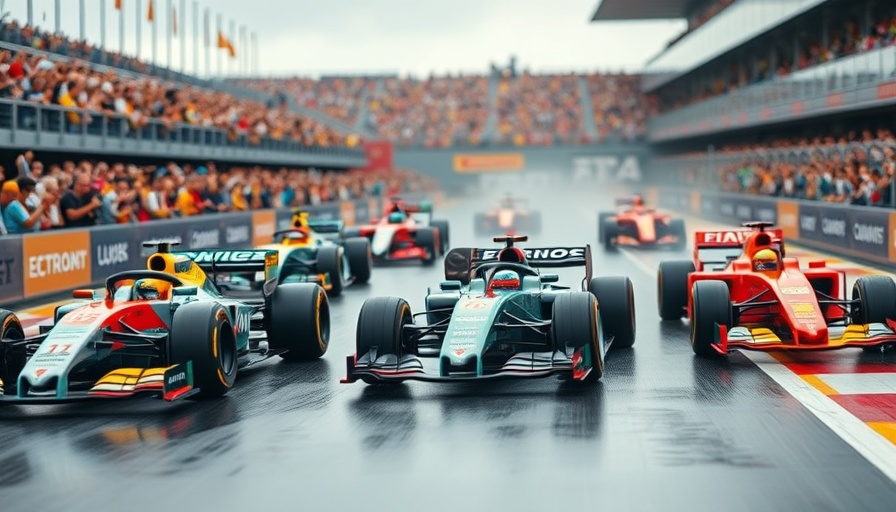 LEGO F1 cars at Miami Grand Prix with spectators in stands.