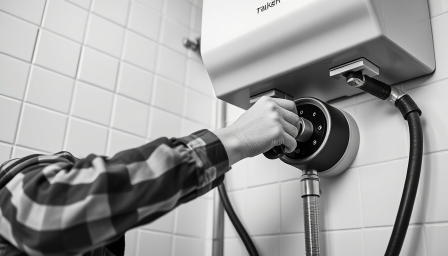 Technician installing tankless water heater in San Diego, black and white.