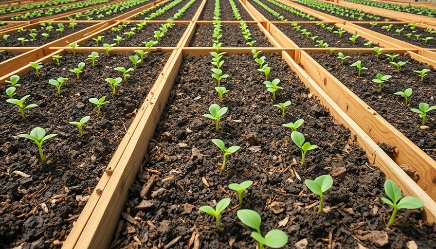Urban farming soil beds with young plants emerging in organized rows.