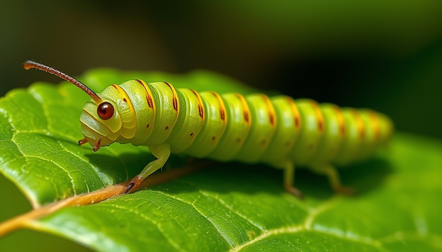 Close-up of armyworm on leaf, showcasing segmented body and natural colors.