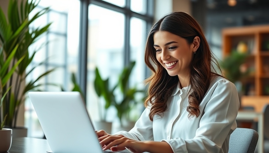 Young woman working on laptop in modern office, exploring blogging business ideas.