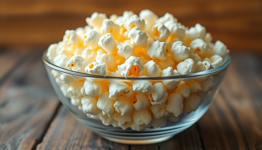 Glass bowl of popcorn for food storage on wooden table.