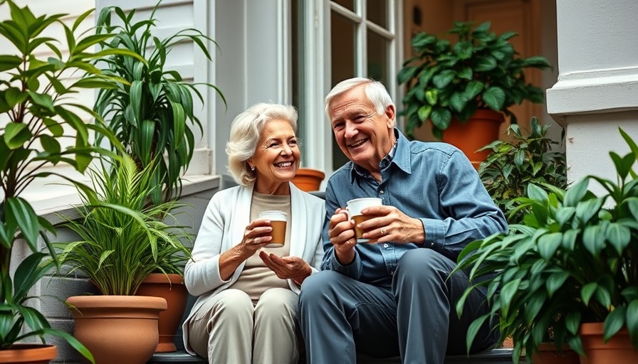 Elderly couple enjoying coffee, surrounded by plants, HELOC for Retirement.