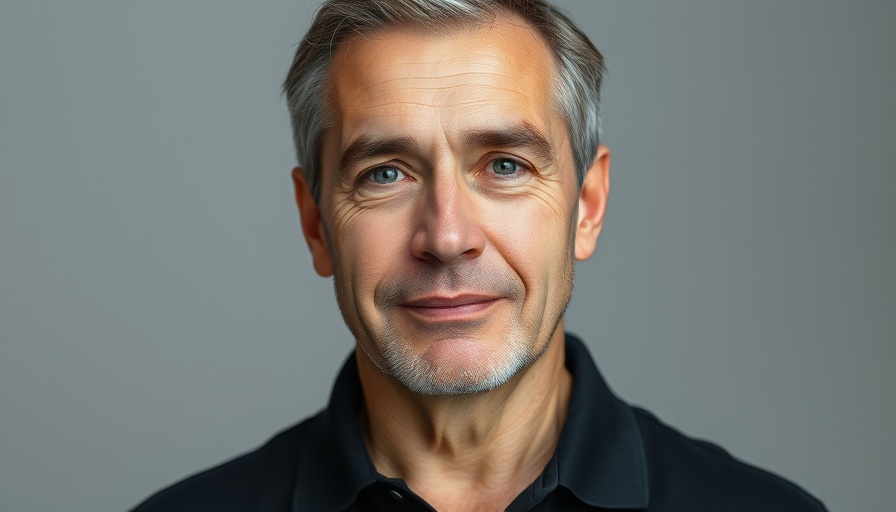 Middle-aged man with calm expression in black polo, natural lighting.