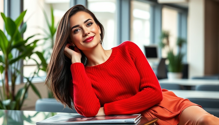 Confident woman on magazine cover, modern office background