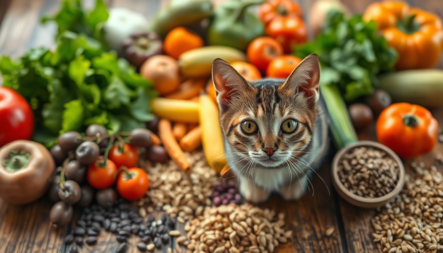 Curious cat with fruits, vegetables, and grains promotes fiber in your cat's diet.