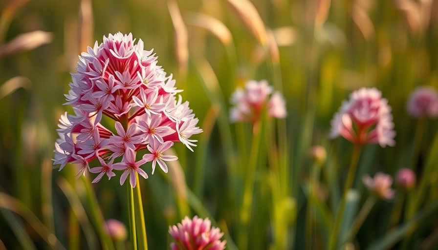 Pink prairie onions blooming in a natural meadow.