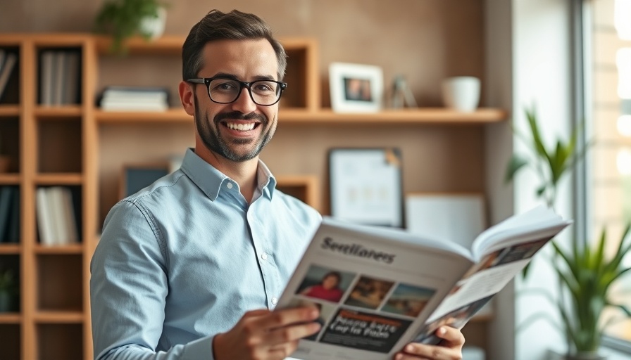 Confident entrepreneur in office holds magazine, smiling, How Entrepreneurs Create Man Made Millions.