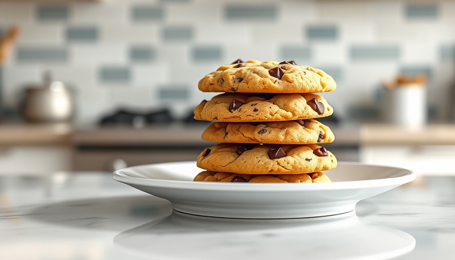 Stack of chocolate chip parfait cookies on white plate.