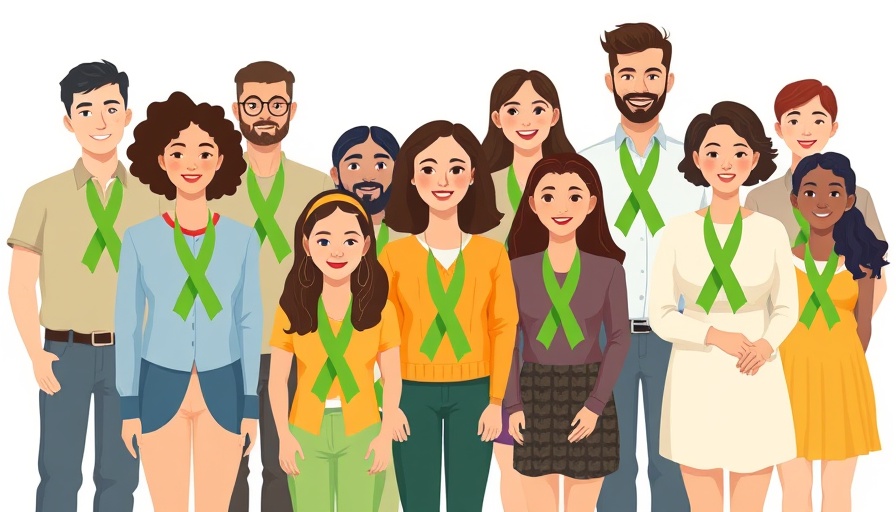 Diverse group wearing green ribbons supporting mental health challenges in the workplace.