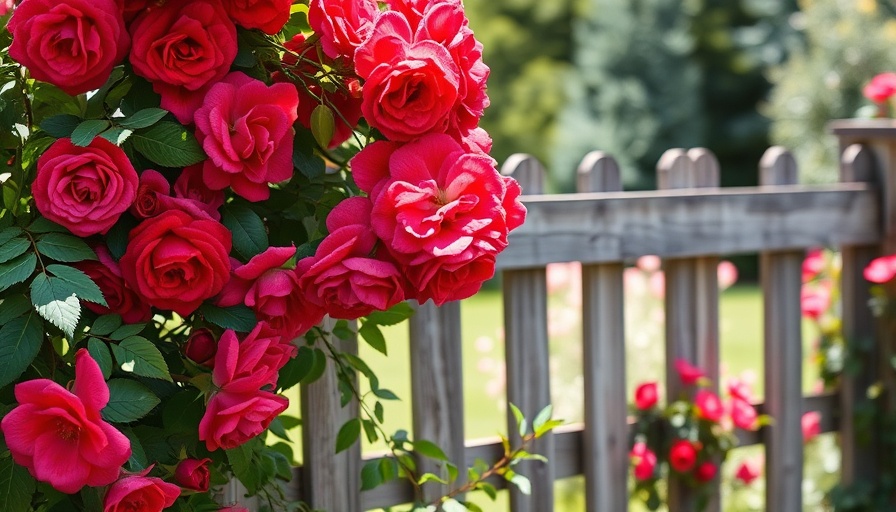 Beautiful climbing roses on a rustic wooden fence in a garden.