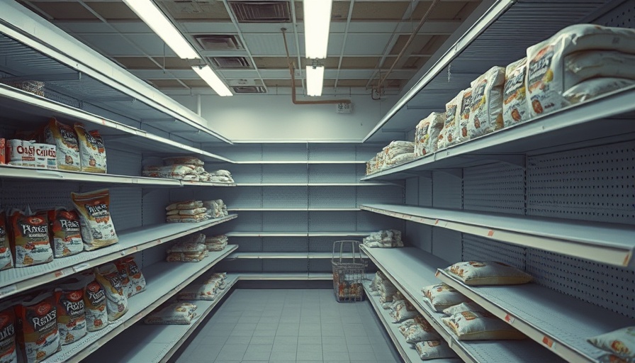 Sparse grocery shelves indicating food shortages, rice bags displayed.