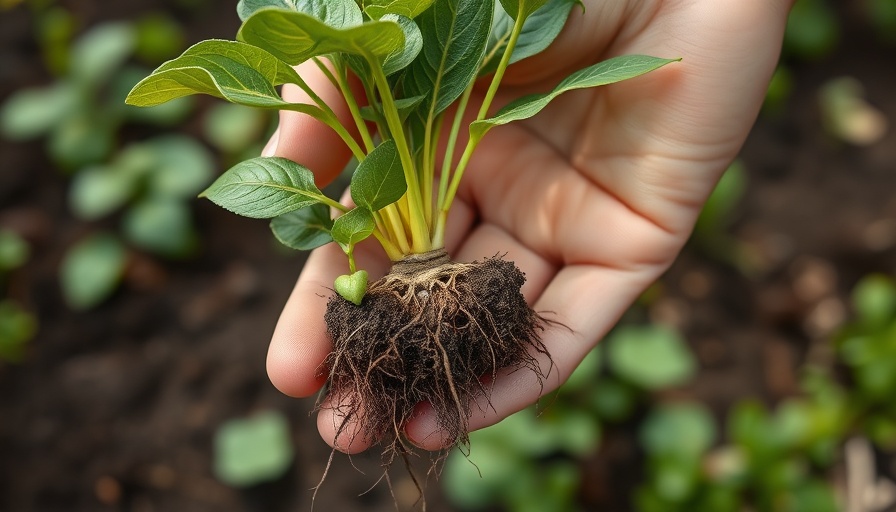 Hand holding plant with healthy roots boosting crop production
