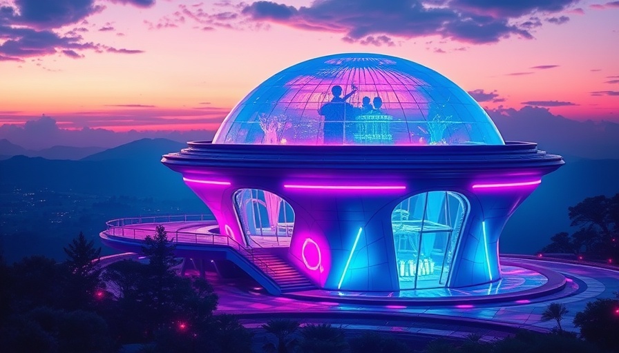 Futuristic luminous structure with dome, ethereal evening glow, vibrant colors.