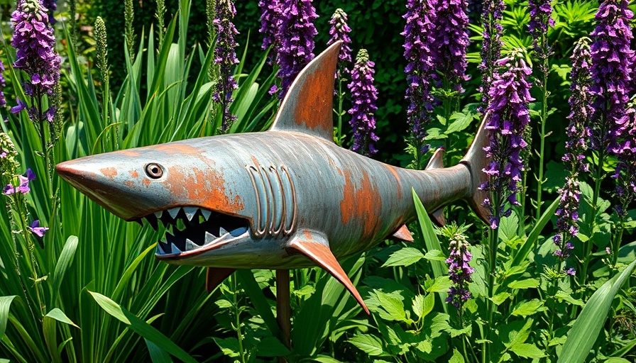 Home gardening with rustic metal shark sculpture and garden plants.