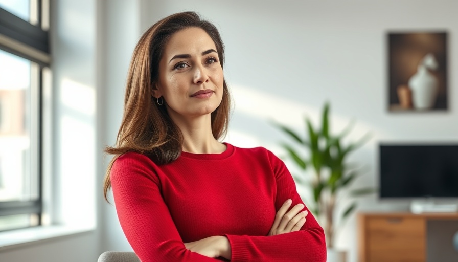 Confident woman featured on magazine cover in red sweater, relaxed.