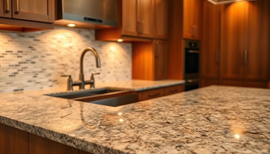 Warm kitchen design with matched tiles and countertops.