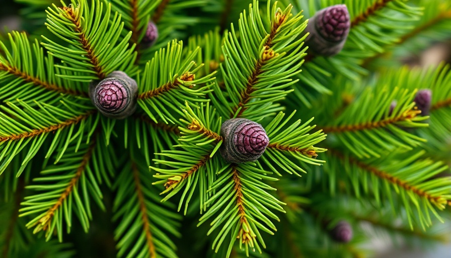 Close-up of Norway spruce branches with cones.