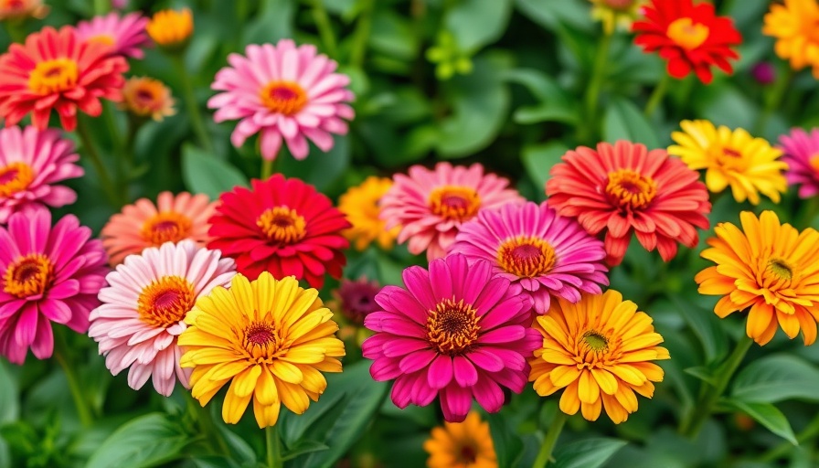 Vibrant zinnia flowers in a garden with lush green leaves.