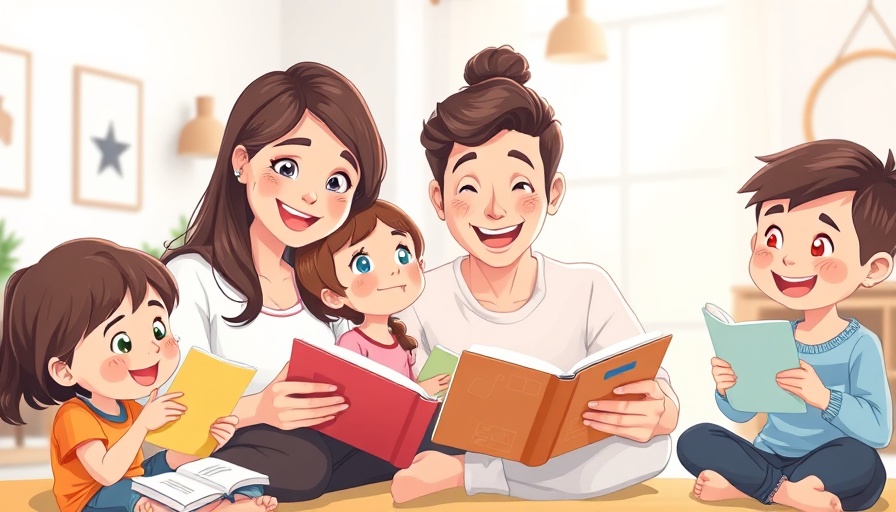 Cheerful cartoon family learning together, bright setting