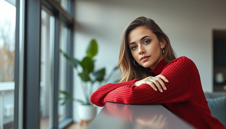 Elegant woman in red sweater resting by window in modern interior.