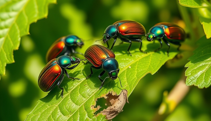 Japanese beetles feeding on leaves in a garden setting.