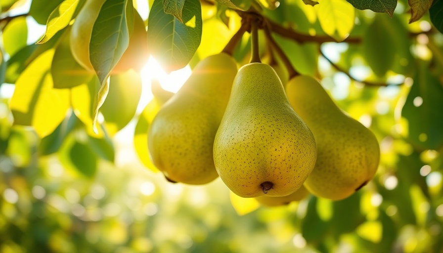 Ripe pears on tree branch in sunlight, showcasing pear tree chill hours.