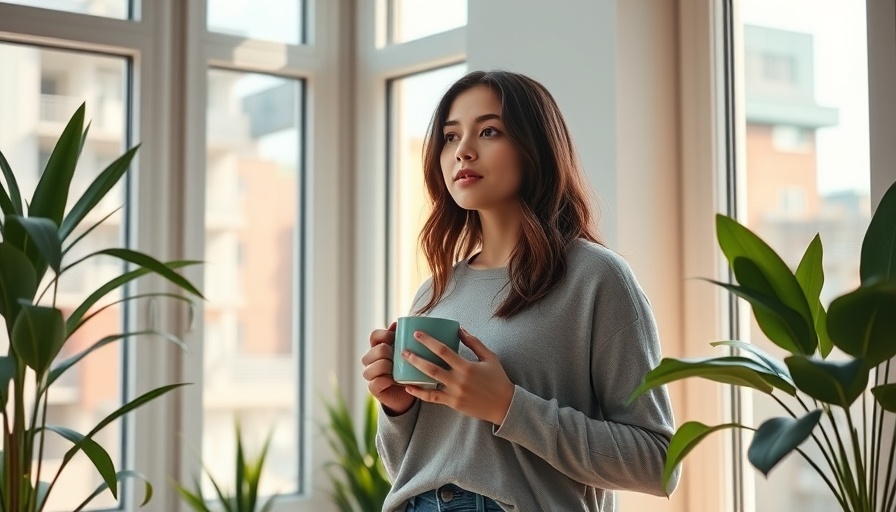 Woman pondering replacement window costs by sunny apartment window.
