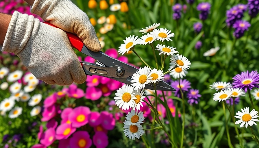 Gloved hands deadheading daisies using shears in a garden.