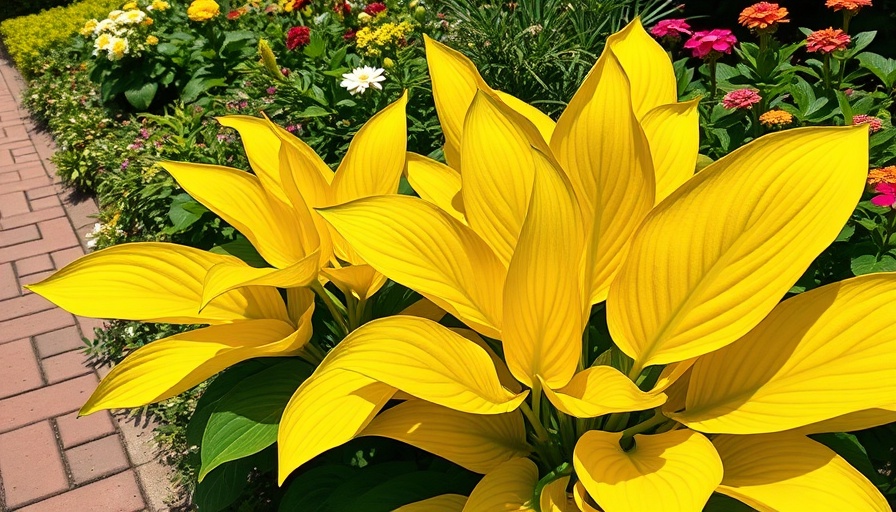 Yellow hosta leaves causes solutions in a bright garden.