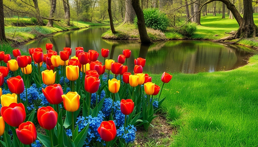 Colorful tulip garden by a pond in a forest setting, home gardening inspiration.