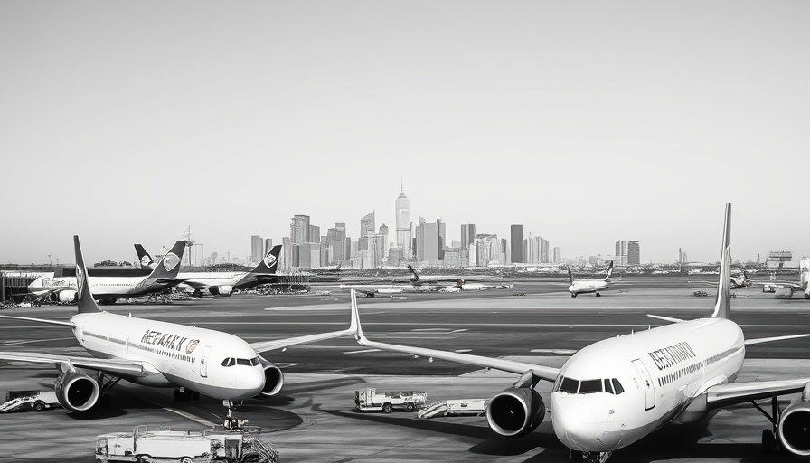 Newark Airport with aircraft and NYC skyline in background.