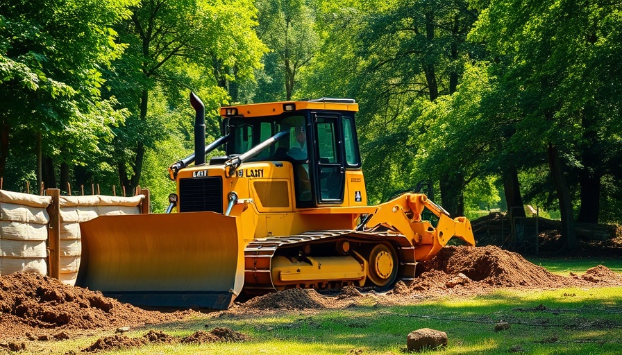 Bulldozer clearing land for urban mini farm in sunny forest setting.