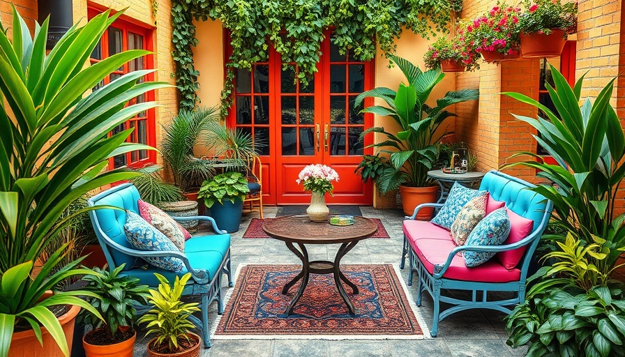 Charming patio design with colorful seating and lush greenery.