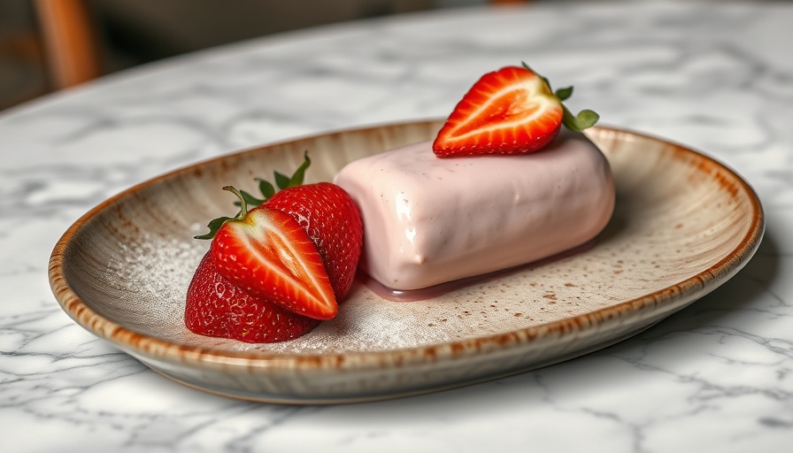 Elegant strawberry dessert on rustic plate with artistic design.