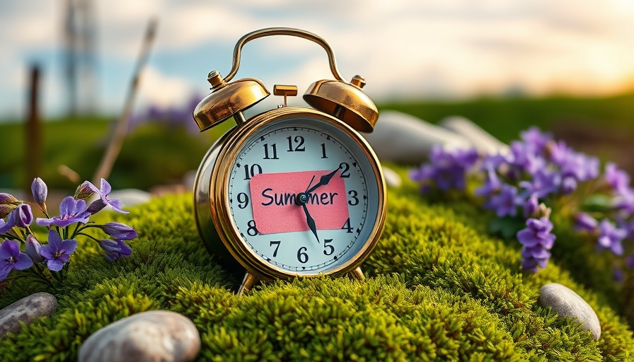 Vintage alarm clock with 'Summer' note on moss with flowers.